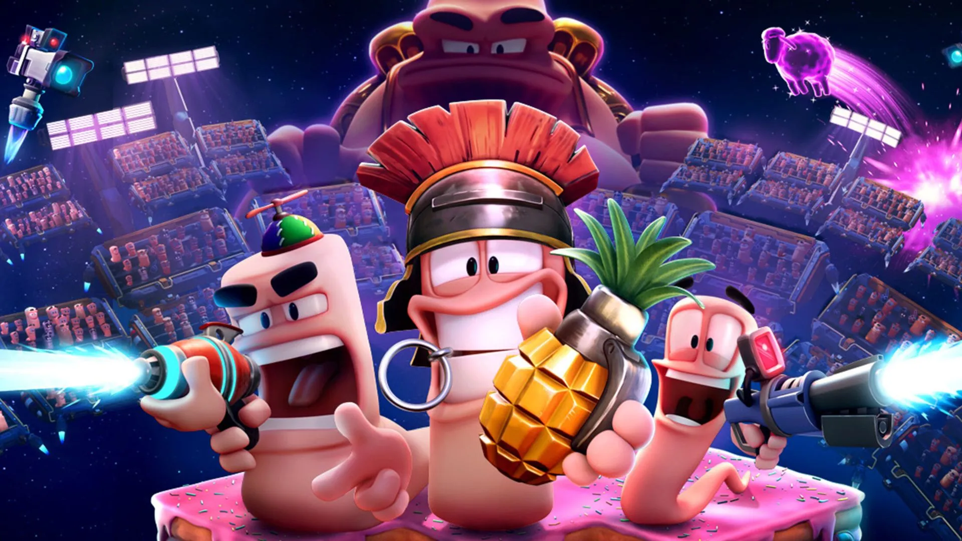 Aksi seru pertempuran cacing taktis dalam Worms Galactic Tactics di berbagai arena acak.